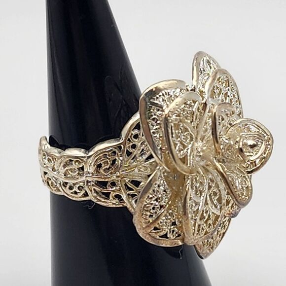 Sterling Silver Filigree Lace Rose Adjustable Ring - Picture 3 of 7